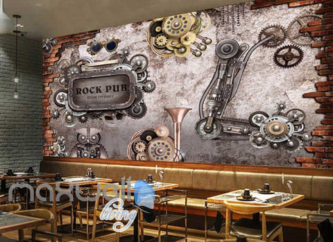 Image of retro wallpaper with gears and metal rock pub sign Art Wall Murals Wallpaper Decals Prints Decor IDCWP-JB-000646