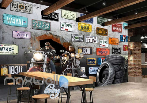 Image of 3D Motorbikes Breaking Through Cement Wall With Several Car Licence Plates Art Wall Murals Wallpaper Decals Prints Decor IDCWP-JB-000648