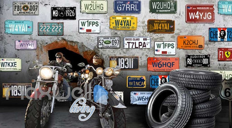 Image of 3D Motorbikes Breaking Through Cement Wall With Several Car Licence Plates Art Wall Murals Wallpaper Decals Prints Decor IDCWP-JB-000648