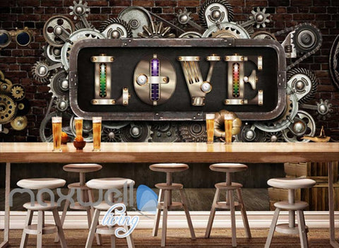 Image of Metallic Gears On Brick Wall With Love Word Art Wall Murals Wallpaper Decals Prints Decor IDCWP-JB-000651