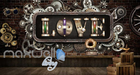 Image of Metallic Gears On Brick Wall With Love Word Art Wall Murals Wallpaper Decals Prints Decor IDCWP-JB-000651