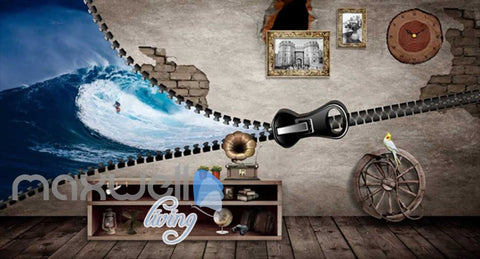 Image of 3D Zipper On Wall Half Beach And Half Living Room Wall Art Wall Murals Wallpaper Decals Prints Decor IDCWP-JB-000652