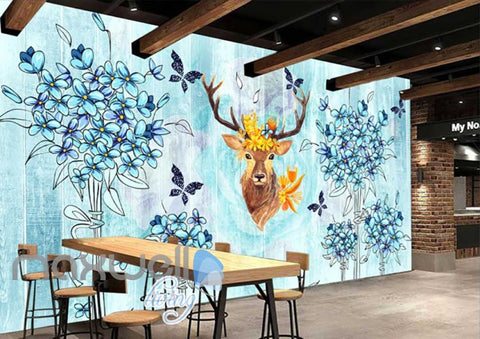 Image of Vintage Painting Of Blue Flowers And A Brown Deer Head Art Wall Murals Wallpaper Decals Prints Decor IDCWP-JB-000655