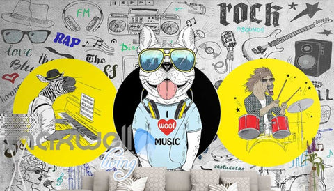 Image of Graphic Design 3D Cartoon Dj Dog With Sunglasses Headphones And A Horse Playing Drums And Zebbra Playing Piano Art Wall Murals Wallpaper Decals Prints Decor IDCWP-JB-000665