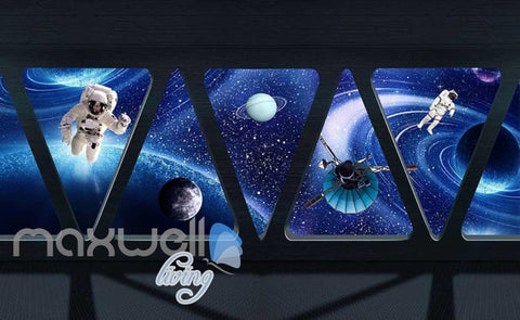 Image of 3D View Of Space Astronauts Moon Planets From Triangle Shape Windows Of Spaceship Art Wall Murals Wallpaper Decals Prints Decor IDCWP-JB-000669