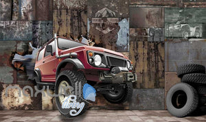 3D Jeep Breaking Through Metal Block Art Wall Murals Wallpaper Decals Prints Decor IDCWP-JB-000672