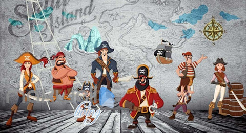Image of Cartoon Pirates On A Boat With Treasure Map Wall Art Wall Murals Wallpaper Decals Prints Decor IDCWP-JB-000690