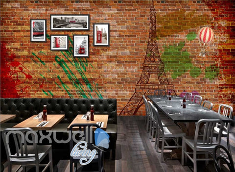 Image of Brick Wall With Eiffel Tower And London Photographs Art Wall Murals Wallpaper Decals Prints Decor IDCWP-JB-000706