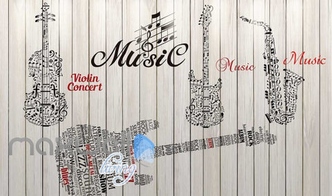 Image of Graphic Design Music Instruments On Wooden Wall Art Wall Murals Wallpaper Decals Prints Decor IDCWP-JB-000714