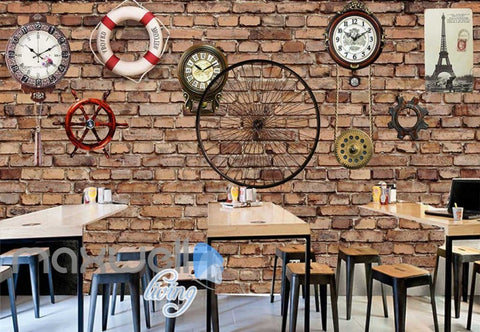 Image of Red Brick Wall With Clocks Eiffel Tower Poster And Lifesaving Float Art Wall Murals Wallpaper Decals Prints Decor IDCWP-JB-000716