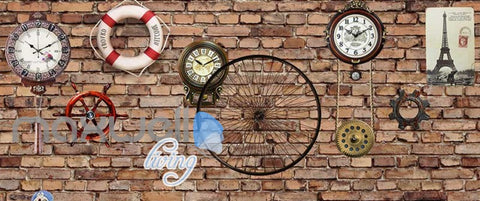 Image of Red Brick Wall With Clocks Eiffel Tower Poster And Lifesaving Float Art Wall Murals Wallpaper Decals Prints Decor IDCWP-JB-000716