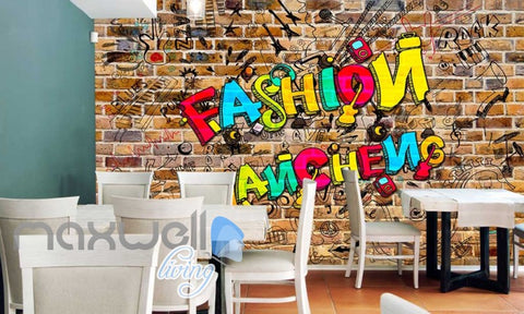 Image of Graphic Design Of Drawings On A Brick Wall And Colourful Letters Art Wall Murals Wallpaper Decals Prints Decor IDCWP-JB-000748
