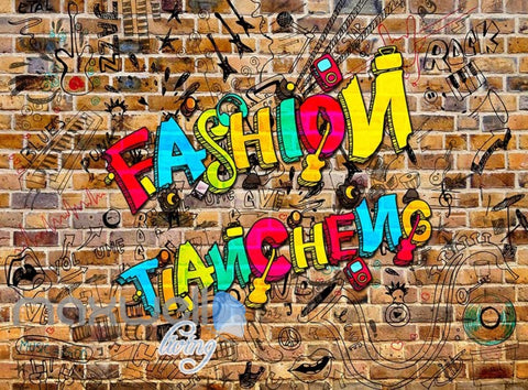 Image of Graphic Design Of Drawings On A Brick Wall And Colourful Letters Art Wall Murals Wallpaper Decals Prints Decor IDCWP-JB-000748