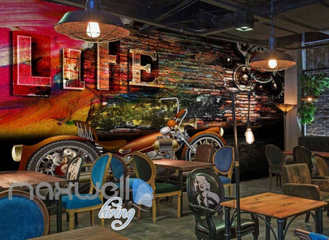Image of 3D Graphic Design With Metal Motorbike And Brick Wall Art Wall Murals Wallpaper Decals Prints Decor IDCWP-JB-000755
