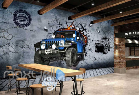Image of Blue Jeep Breaking Through Cement Wall Art Wall Murals Wallpaper Decals Prints Decor IDCWP-JB-000760