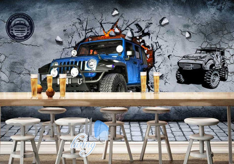 Image of Blue Jeep Breaking Through Cement Wall Art Wall Murals Wallpaper Decals Prints Decor IDCWP-JB-000760