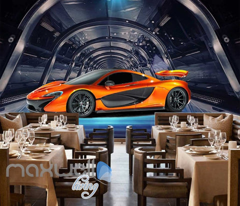 Image of Orange Racing Car On Glass Tunnel Art Wall Murals Wallpaper Decals Prints Decor IDCWP-JB-000764