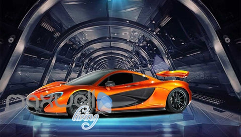 Image of Orange Racing Car On Glass Tunnel Art Wall Murals Wallpaper Decals Prints Decor IDCWP-JB-000764