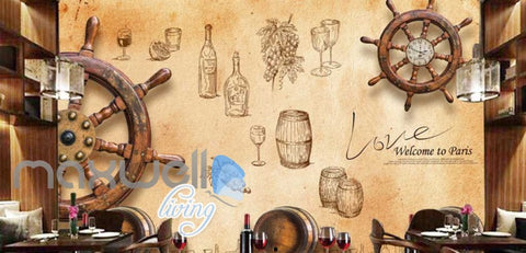 Image of Wooden Boat Wheel On Wall Wine Art Wall Murals Wallpaper Decals Prints Decor IDCWP-JB-000771