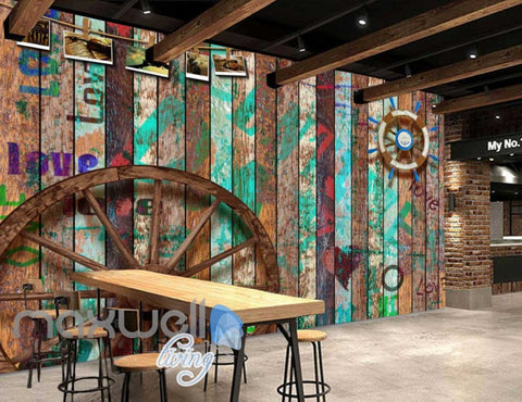 Image of Graphic Desgin Wooden Wall Wooden Wheel Boat Wheel Art Wall Murals Wallpaper Decals Prints Decor IDCWP-JB-000778