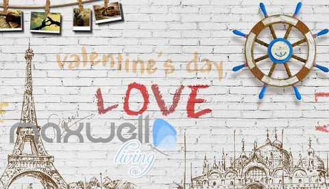 Image of Graphic Design White Wall Eiffel Tower Drawing Wooden Boat Wheel Art Wall Murals Wallpaper Decals Prints Decor IDCWP-JB-000779