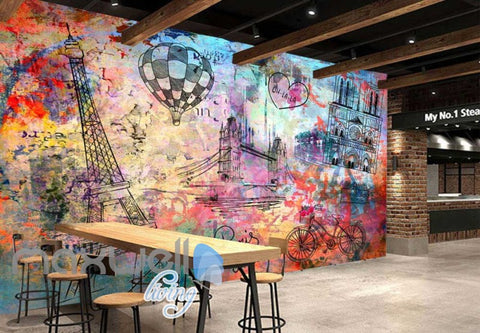 Image of Colorfoul Graphic Design Wall Eiffel Tower Tower Bridge And Notre Dame Cathedral Art Wall Murals Wallpaper Decals Prints Decor IDCWP-JB-000780