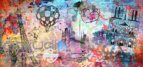 Image of Colorfoul Graphic Design Wall Eiffel Tower Tower Bridge And Notre Dame Cathedral Art Wall Murals Wallpaper Decals Prints Decor IDCWP-JB-000780
