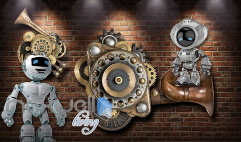 Image of Brick Wall With Gears And Robots Art Wall Murals Wallpaper Decals Prints Decor IDCWP-JB-000784