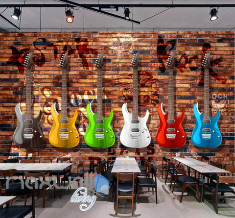 Image of Colourful Graphic Design Electronic Guitars Brick Wall Art Wall Murals Wallpaper Decals Prints Decor IDCWP-JB-000787