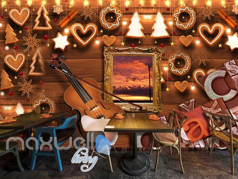 Image of Wooden Wall Violin And Christmas Decoration Art Wall Murals Wallpaper Decals Prints Decor IDCWP-JB-000803