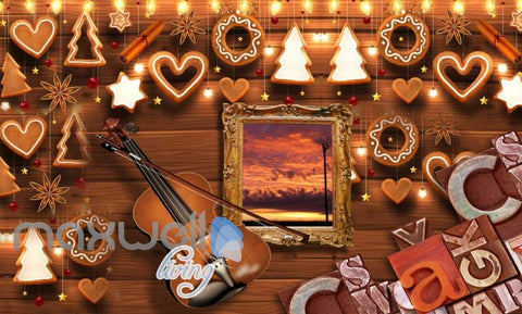 Image of Wooden Wall Violin And Christmas Decoration Art Wall Murals Wallpaper Decals Prints Decor IDCWP-JB-000803