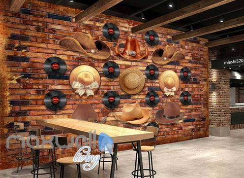 Image of Brick Wall With Vinyl And Cowboy Hats Art Wall Murals Wallpaper Decals Prints Decor IDCWP-JB-000805
