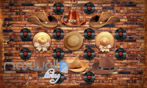 Image of Brick Wall With Vinyl And Cowboy Hats Art Wall Murals Wallpaper Decals Prints Decor IDCWP-JB-000805