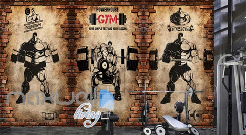 Image of Broken Brick Wall With Drawings Of Cartoon Lifting Weights Art Wall Murals Wallpaper Decals Prints Decor IDCWP-JB-000807