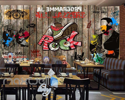 Image of Wooden Wall With Colourful Drawings Of Rock Band Art Wall Murals Wallpaper Decals Prints Decor IDCWP-JB-000822