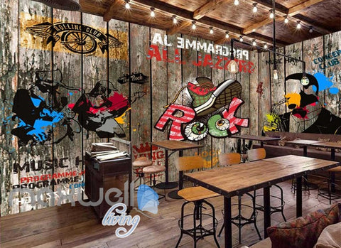 Image of Wooden Wall With Colourful Drawings Of Rock Band Art Wall Murals Wallpaper Decals Prints Decor IDCWP-JB-000822
