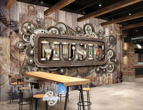 Image of Wooden Wall With Gears And Music Letters Art Wall Murals Wallpaper Decals Prints Decor IDCWP-JB-000831