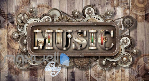 Image of Wooden Wall With Gears And Music Letters Art Wall Murals Wallpaper Decals Prints Decor IDCWP-JB-000831
