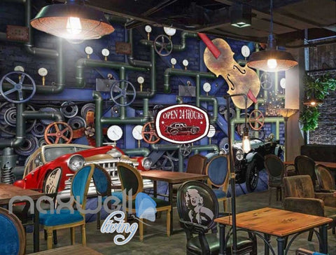 Image of Pipe Wall With Old Red Black Car And Cello Art Wall Murals Wallpaper Decals Prints Decor IDCWP-JB-000833