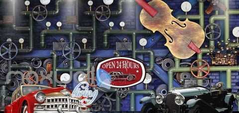 Image of Pipe Wall With Old Red Black Car And Cello Art Wall Murals Wallpaper Decals Prints Decor IDCWP-JB-000833