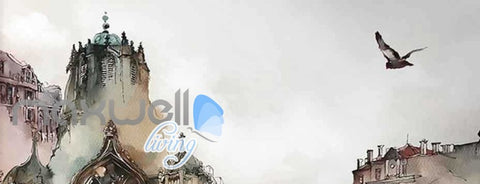 Image of Drawing Of Old City And Bird Flying Art Wall Murals Wallpaper Decals Prints Decor IDCWP-JB-000839