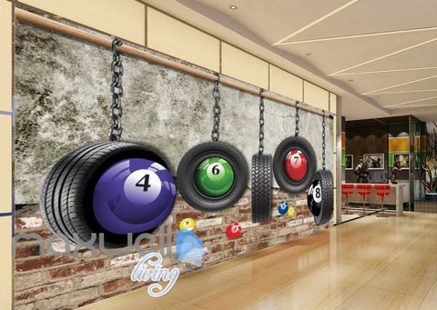 Image of Pool Balls Wheels Brick Wall Art Wall Murals Wallpaper Decals Prints Decor IDCWP-JB-000844