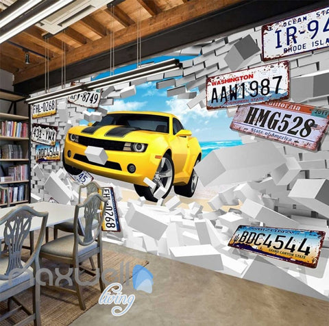 Image of Breaking Through Wall Yellow Car Car Plates Art Wall Murals Wallpaper Decals Prints Decor IDCWP-JB-000859