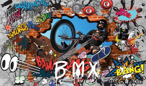 Image of Graphic Design Graffiti Bike Breaking Through Brick Wall Art Wall Murals Wallpaper Decals Prints Decor IDCWP-JB-000881