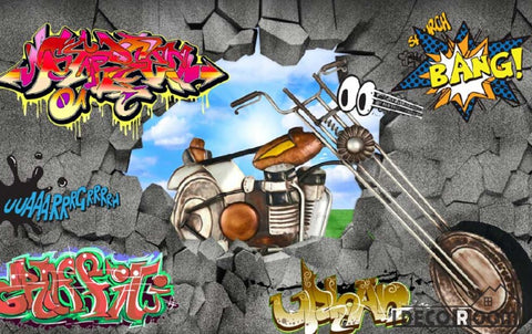 Image of 3D Graffiti Break Through Wall Motorbike Living Room Art Wall Murals Wallpaper Decals Prints Decor IDCWP-JB-000914