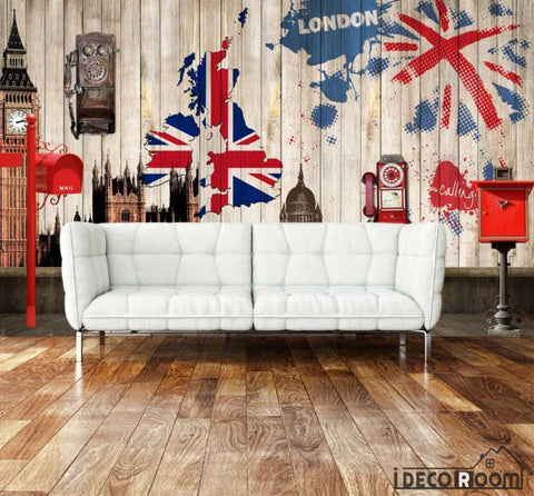 Image of Wooden Wall 3D Big Ben London Flag Living Room Art Wall Murals Wallpaper Decals Prints Decor IDCWP-JB-000915