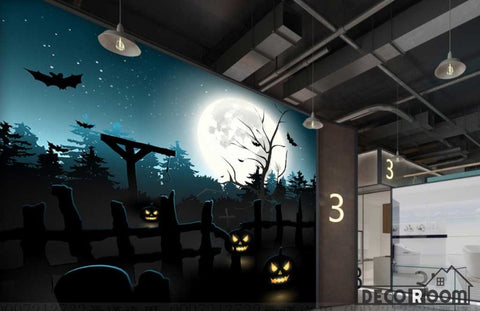 Image of Halloween Night Bat Pumpkin Art Wall Murals Wallpaper Decals Prints Decor IDCWP-JB-000922