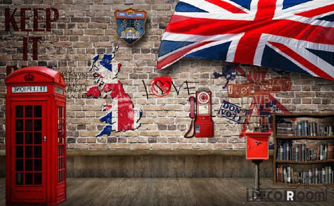 Image of Red Brick Wall 3D Red Cabin London Flag Living Room Art Wall Murals Wallpaper Decals Prints Decor IDCWP-JB-000927