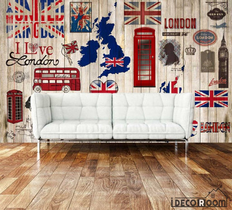 Image of Wooden Wall London Collage Red Bus Cabin Living Room Art Wall Murals Wallpaper Decals Prints Decor IDCWP-JB-000930
