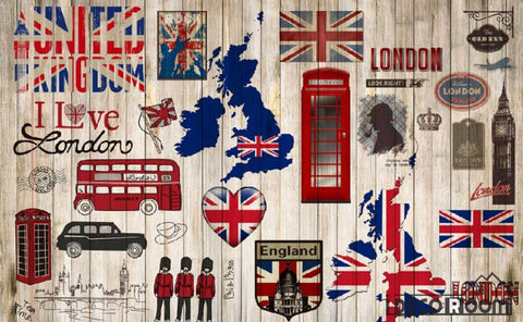 Image of Wooden Wall London Collage Red Bus Cabin Living Room Art Wall Murals Wallpaper Decals Prints Decor IDCWP-JB-000930